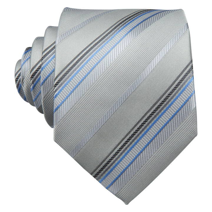 fashion business striped silver grey blue mens tie pocket square cufflinks set