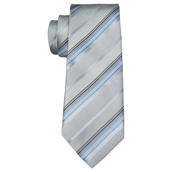 fashion business striped silver grey blue mens tie pocket square cufflinks set