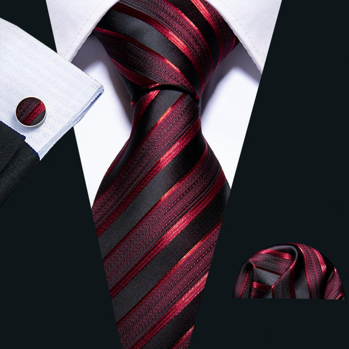 business silk mens striped black and red tie pocket square cufflinks set for suit top