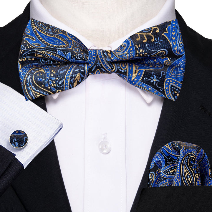 blue yellow silk mens paisley bow tie set