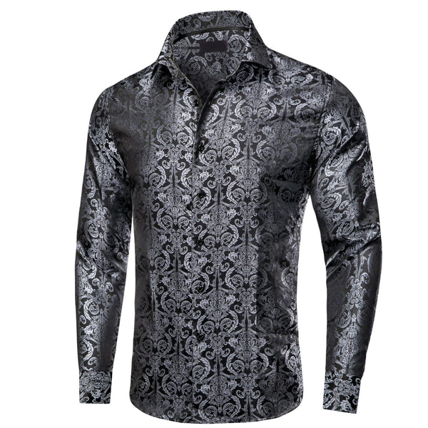 Ties2you Button Down Shirt Luxury Black Floral Silk Men's Long Sleeve Shirt