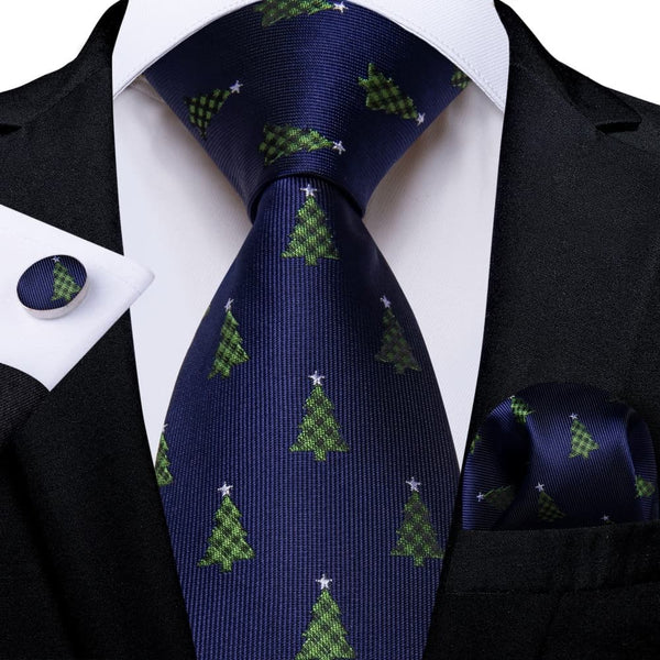 Ties2you Dark Blue Green Christmas Tree Necktie Pocket Square Cufflinks Set