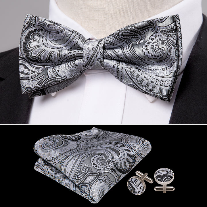 grey mens suit bow tie