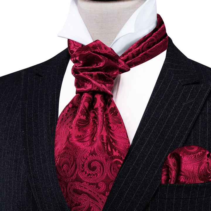 Burgundy Red Paisley Silk Mens Cravat Ascot Tie Pocket Square Cufflinks Set