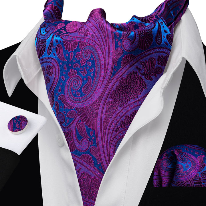 Purple Blue Paisley Silk Mens Ascot Tie Handkerchief Cufflinks Set