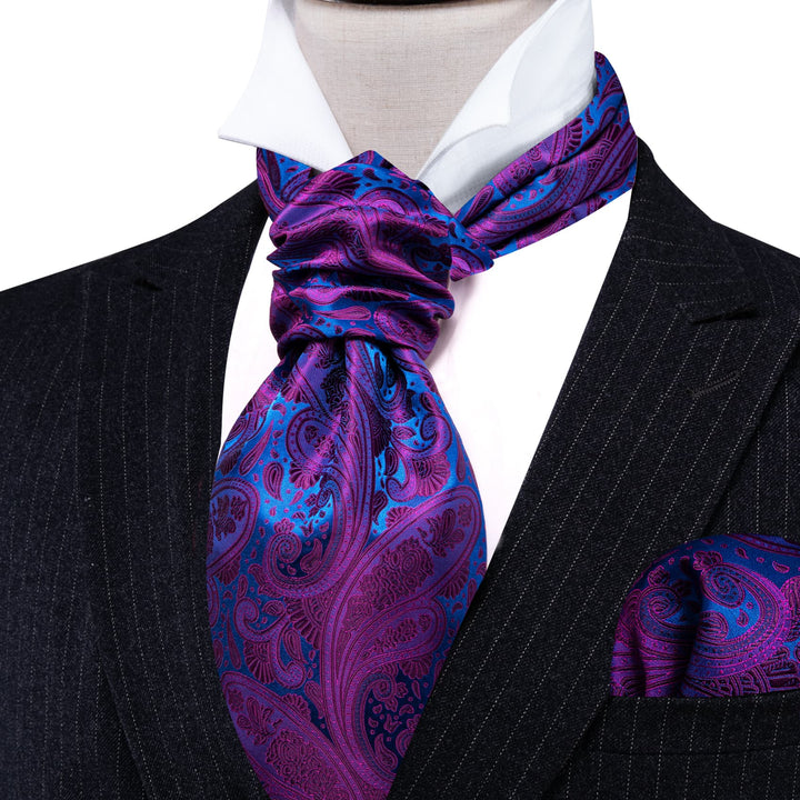 Purple Blue Paisley Silk Mens Ascot Tie Handkerchief Cufflinks Set