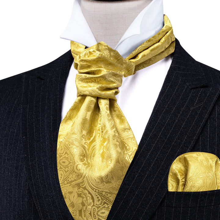 gold floral silk mens ascot tie hanky cufflinks set