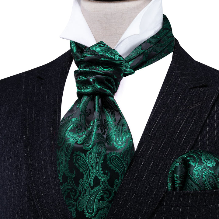 Sapphire Pine Green Paisley Silk Mens Ascot Tie Pocket Square Cufflinks Set