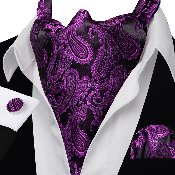 Dark Purple Paisley mens silk suit ascot tie pocket square cufflinks set