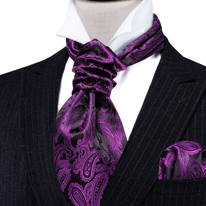 Dark Purple Paisley mens silk suit ascot tie pocket square cufflinks set