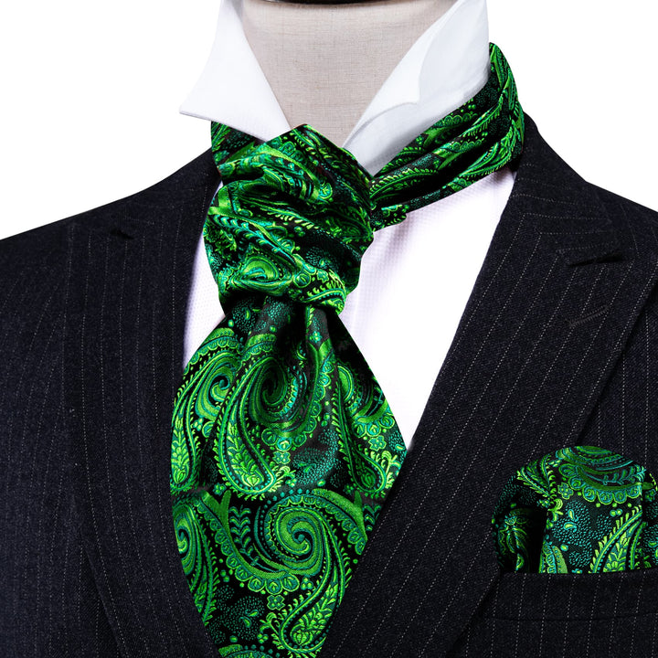 silk mens paisley Emerald Green ascot ties pocket square cufflinks set