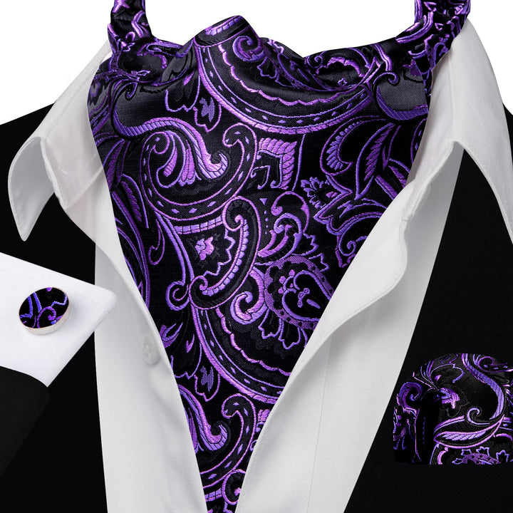 Violet Purple Floral Silk Men's Ascot Cravat Tie dress suit tie set