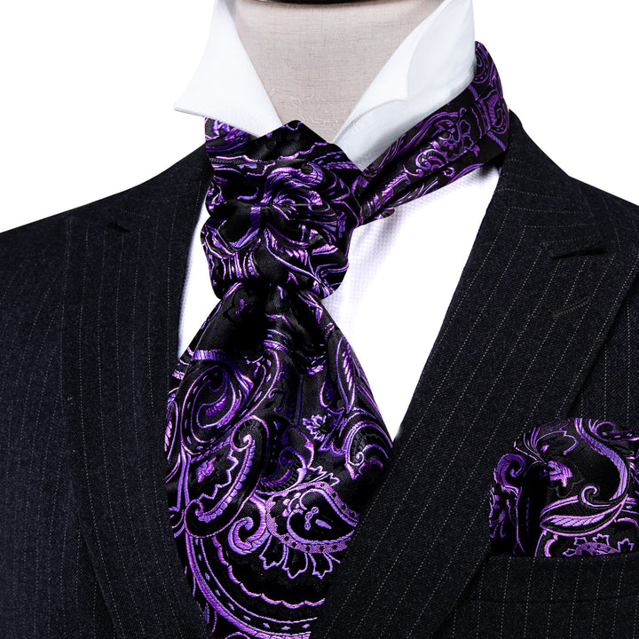 Violet Purple Floral Silk Men's Ascot Cravat Tie dress suit tie set