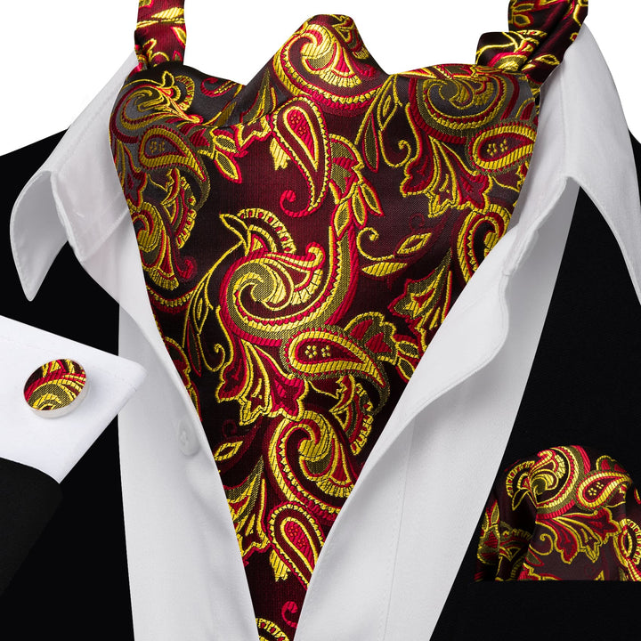 silk mens paisley yellow red ascot ties pocket square cufflinks set