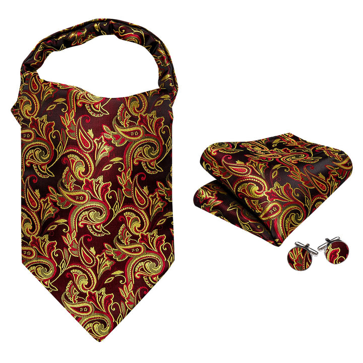 silk mens paisley yellow red ascot ties pocket square cufflinks set