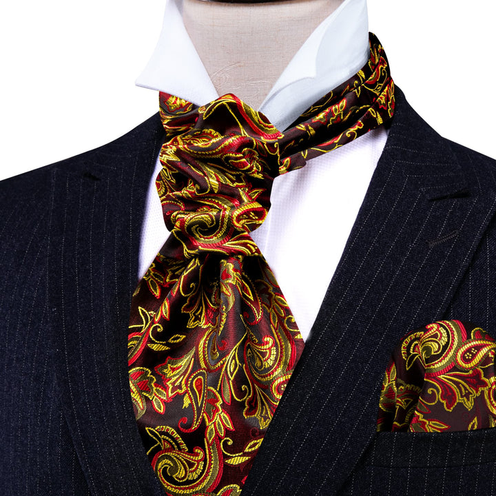 silk mens paisley yellow red ascot ties pocket square cufflinks set