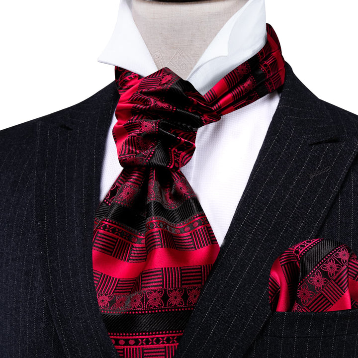 novelty plaid floral black red silk mens Cravat ascot ties pocket square cufflinks set for wedding