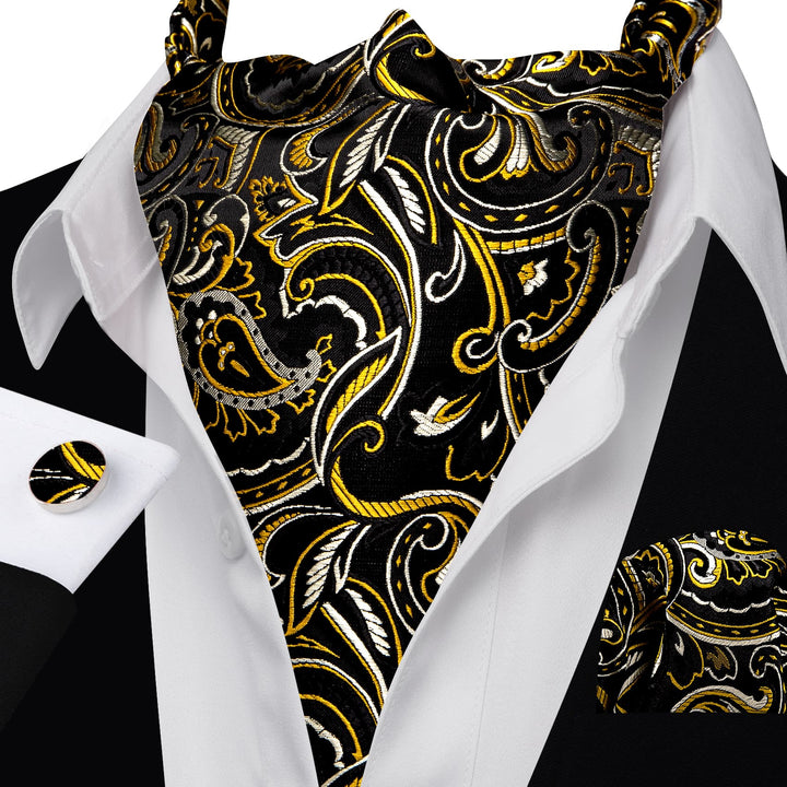 black floral tie yellow flower silk mens Cravat ascot tie pocket square cufflinks set