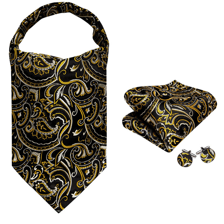 black floral tie yellow flower silk mens Cravat ascot tie pocket square cufflinks set