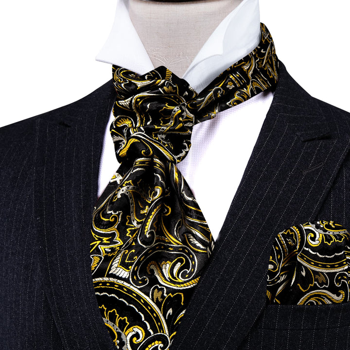 black floral tie yellow flower silk mens Cravat ascot tie pocket square cufflinks set