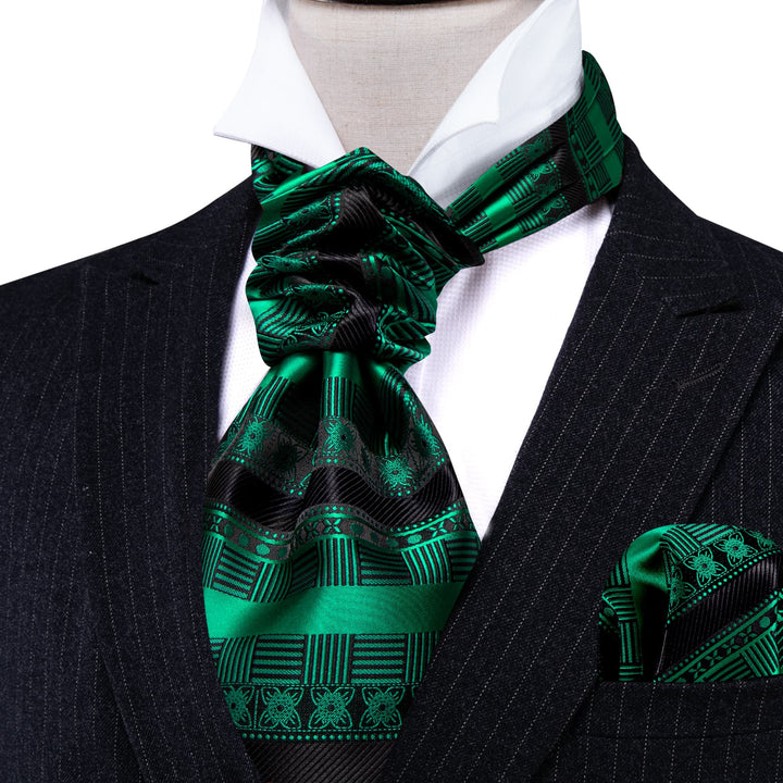 Parakeet Green black novelty plaid floral silk mens nice ascot ties handkerchief cufflinks set