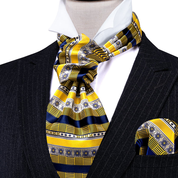 silk mens novelty plaid floral yellow blue ascot tie pocket square cufflinks set