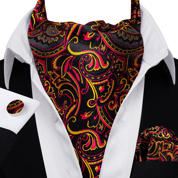 Ascot tuxedo tie black yellow red floral silk mens Ascot Cravat Tie Set