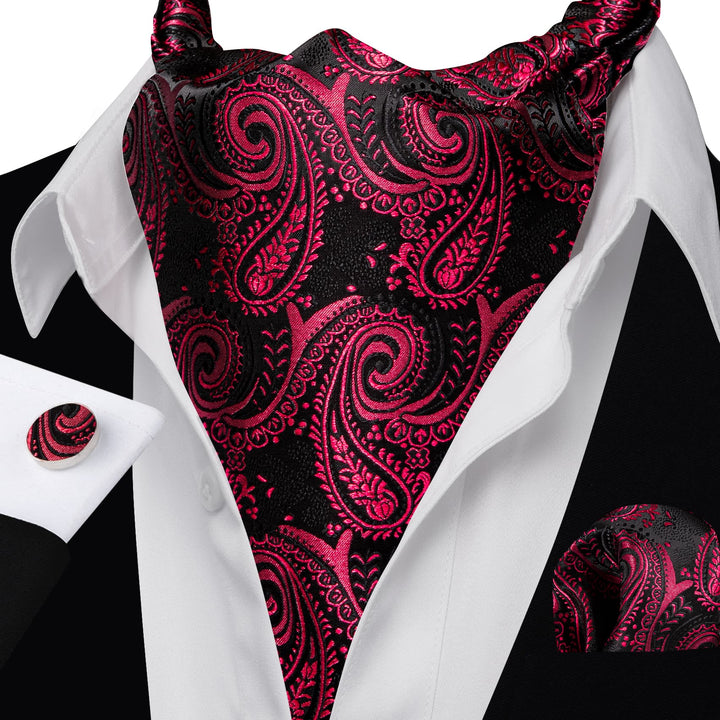 black suit and tie of Ascot Tie Burgundy Paisley Silk Men's Ascot Cravat Tie Set