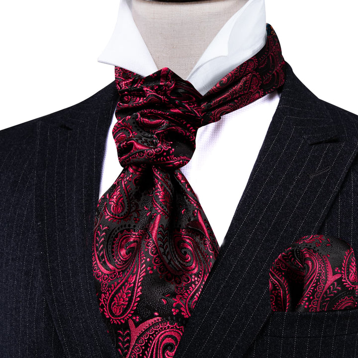 black suit and tie of Ascot Tie Burgundy Paisley Silk Men's Ascot Cravat Tie Set