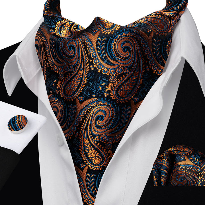  Gold Blue Paisley Silk Mens Ascot Cravat Tie Set