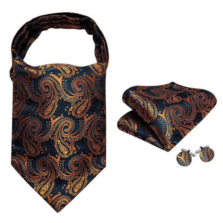  Gold Blue Paisley Silk Mens Ascot Cravat Tie Set