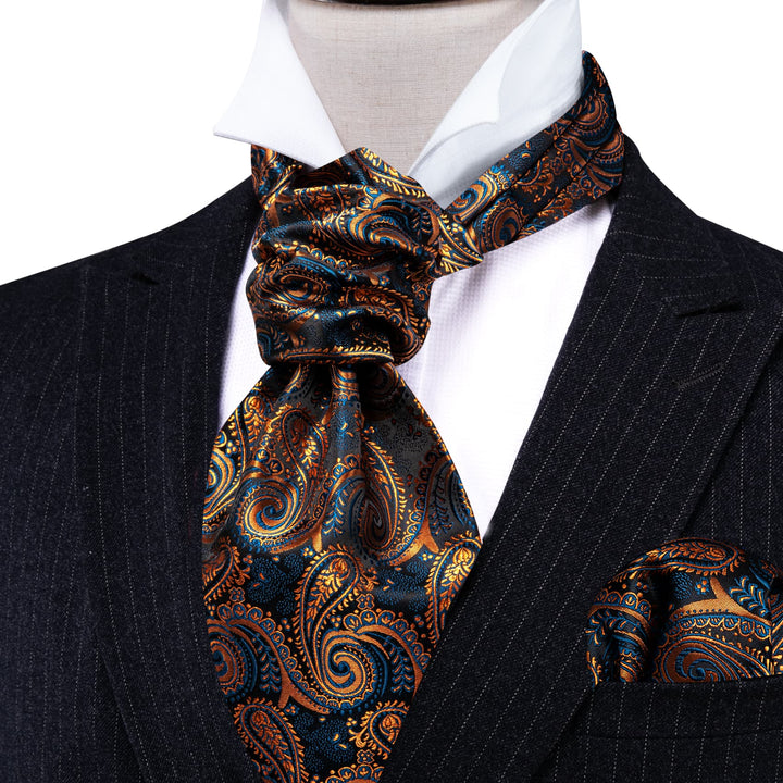  Gold Blue Paisley Silk Mens Ascot Cravat Tie Set