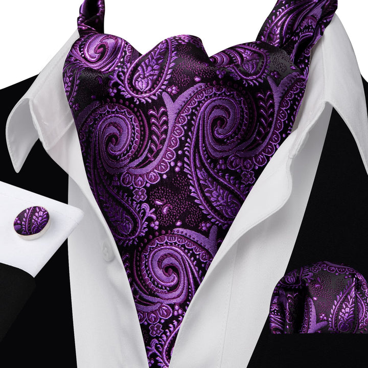  Dark Magenta Purple Paisley Silk Mens Ascot Cravat Tie Set