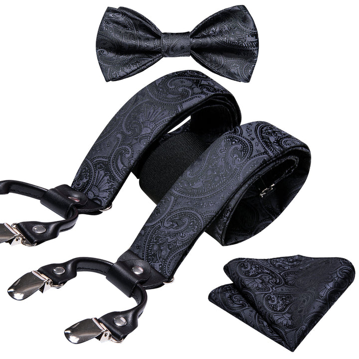 mens black grey paisley floral bowtie set with shirt suspenders