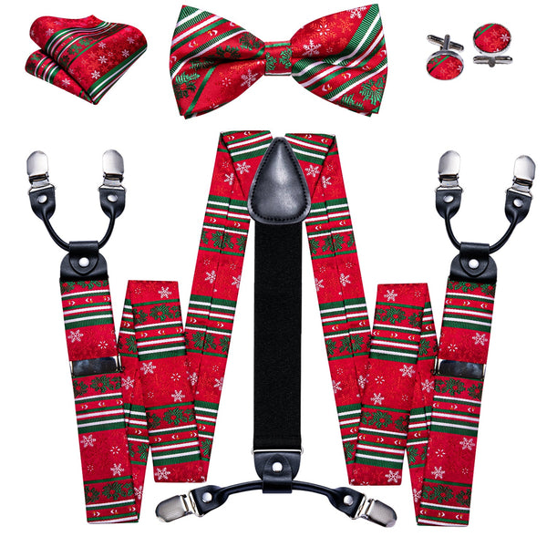 Red Green White Snowflake Novelty Y Back Brace Clip-on Men's Suspender with Bow Tie Set