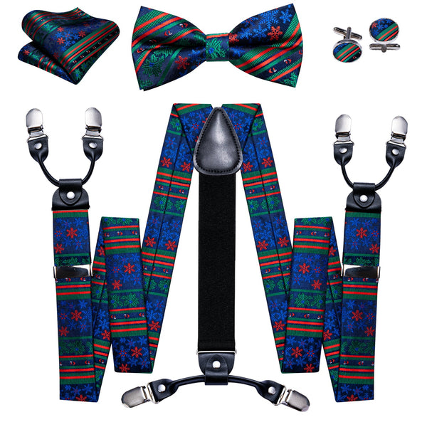 Blue Red Green Snowflake Novelty Y Back Brace Clip-on Men's Suspender with Bow Tie Set