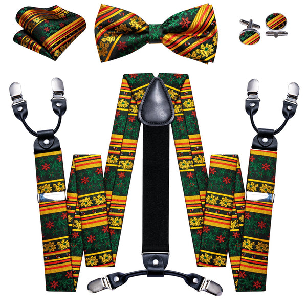 Yellow Red Green Snowflake Novelty Y Back Brace Clip-on Men's Suspender with Bow Tie Set