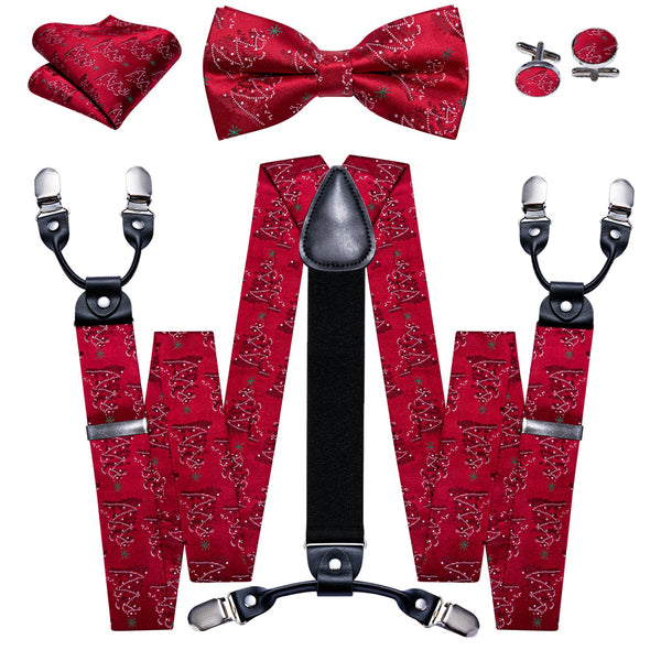 Christmas Red White Pine Snowflake Novelty Y Back Brace Clip-on Men's Suspender with Bow Tie Set