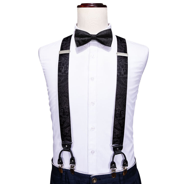 black paisley silk mens suspender bow tie set for dress suit