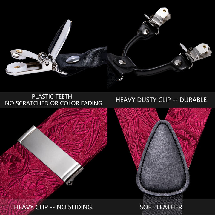 Burgundy Red Paisley Y Back Brace Clip-on Mens Suspender Bow Tie Pocket Square Cufflinks Set