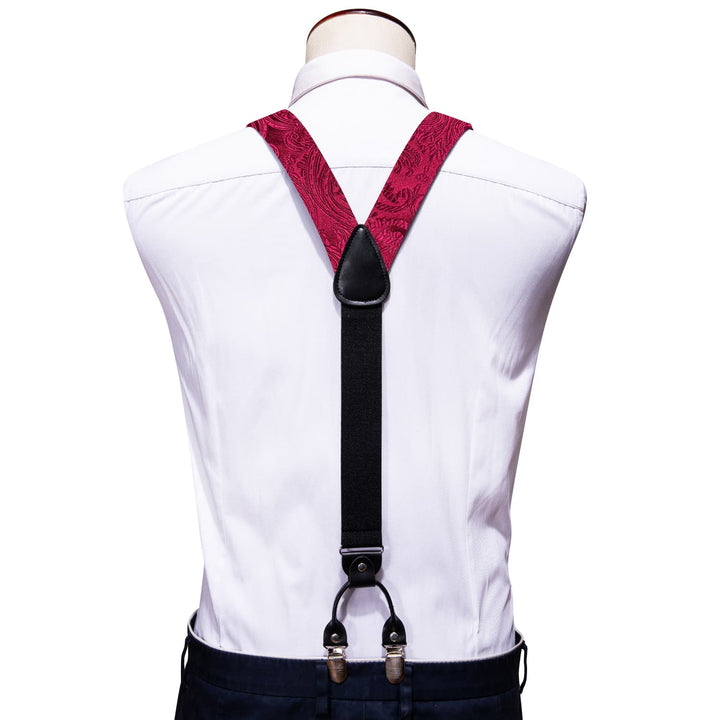 Burgundy Red Paisley Y Back Brace Clip-on Mens Suspender Bow Tie Pocket Square Cufflinks Set