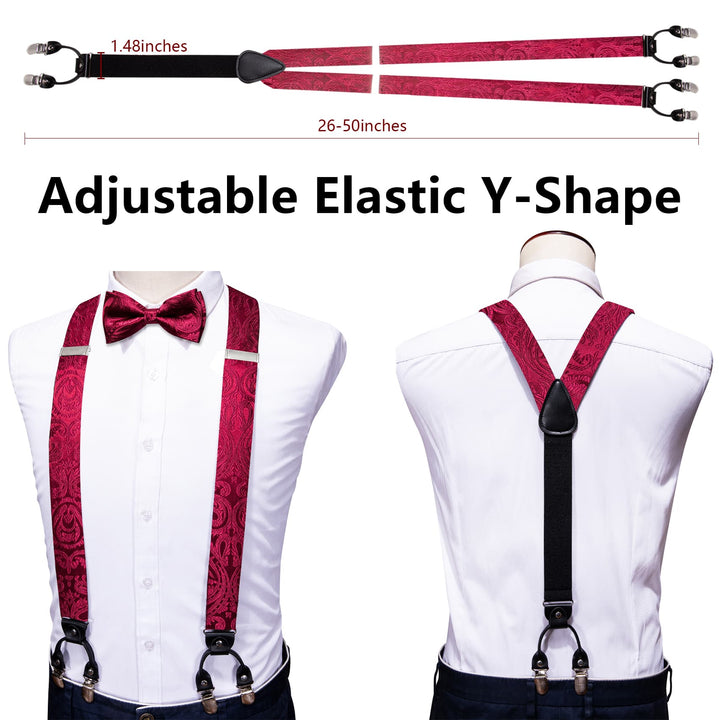 Burgundy Red Paisley Y Back Brace Clip-on Mens Suspender Bow Tie Pocket Square Cufflinks Set