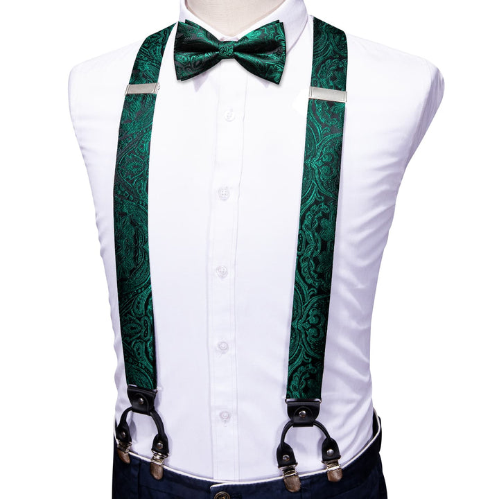 Pine Green Floral Y Back Brace Clip-on Mens Suspender Bow Tie Set