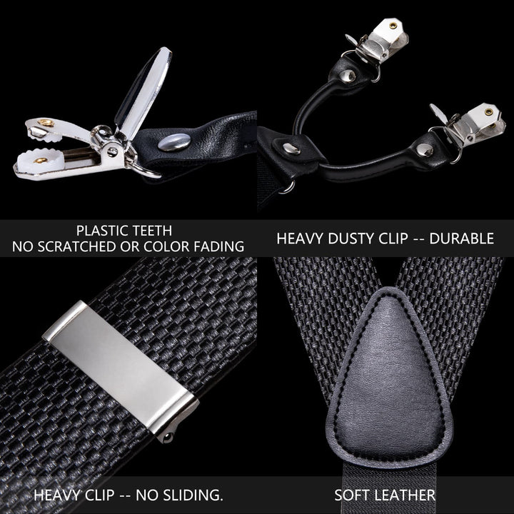 Suspenders for Men Classic Black Geometric Y Back Brace Clip-on Suspender Bow Tie Set