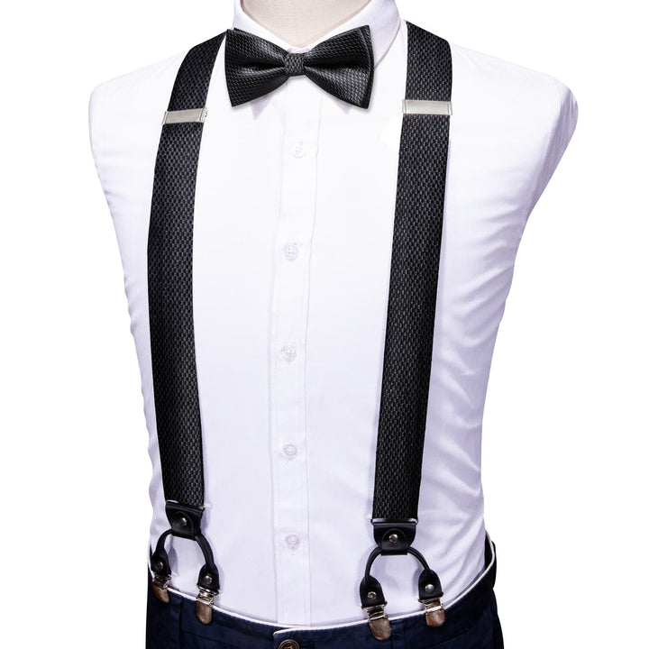 Suspenders for Men Classic Black Geometric Y Back Brace Clip-on Suspender Bow Tie Set