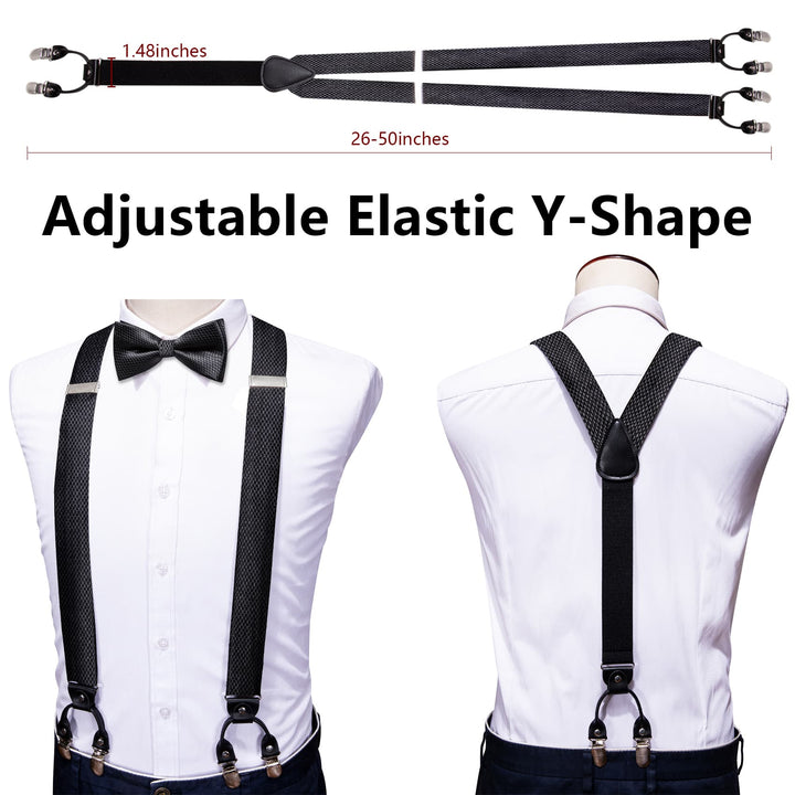 Suspenders for Men Classic Black Geometric Y Back Brace Clip-on Suspender Bow Tie Set