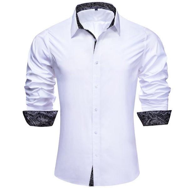 silk mens white shirts splicing black floral long sleeve button down shirts