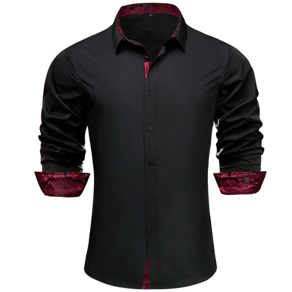 silk mens Burgundy Red paisley splicing solid black button up shirt