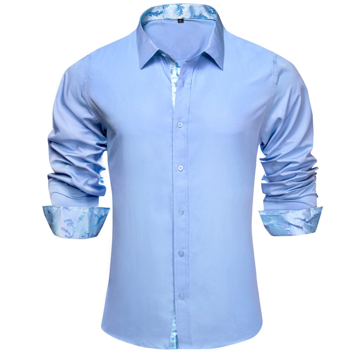 Mens fashion essential shirt Button Up Long Sleeve silk splicing blue shirt