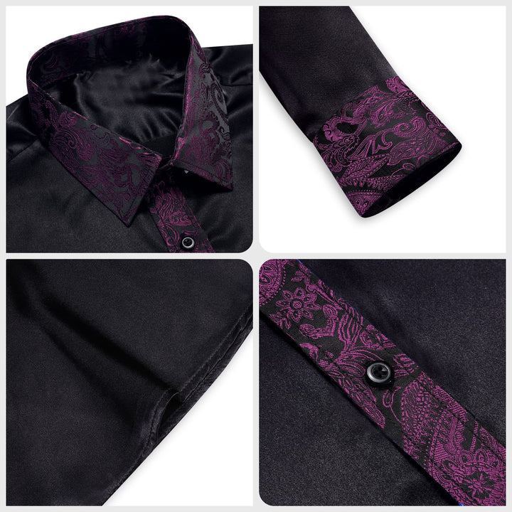 black solid splicing purple paisley long sleeve Button Down shirts for men